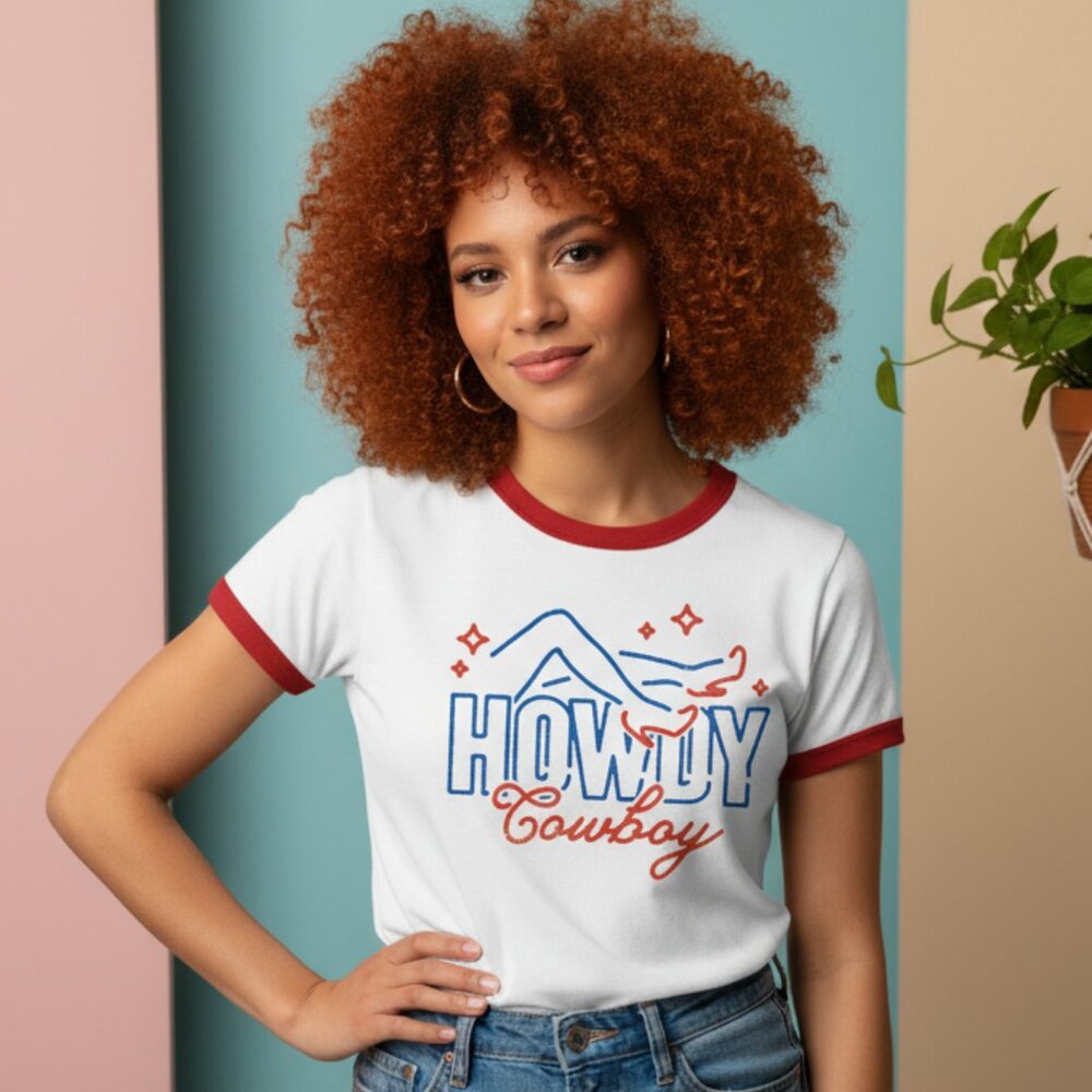 Howdy Cowboy Retro Ringer Graphic Tee White and Red 70s Camp Style T-Shirt